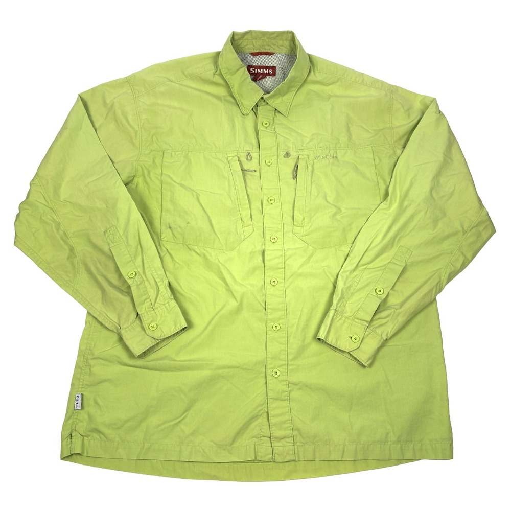 VTG Y2K Simms LS Fishing Shirt Mens XLT Green Vented Cape Back Cotton Blend Soft